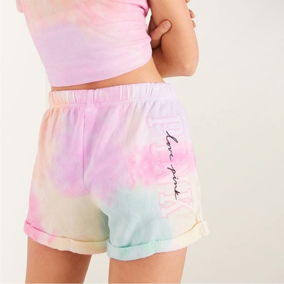 Victoria's Secret PINK Rolled Hem Sweat Shorts Tie Dye Logo Small NEW - Picture 1 of 5
